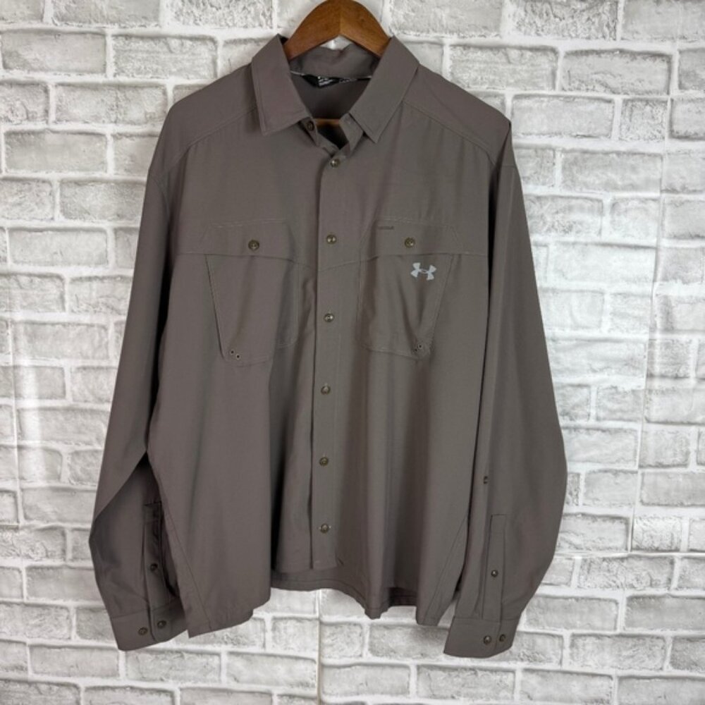Under Armour HeatGear Loose Fit Long Slv Gray Double Pocket Button Up Shirt XL